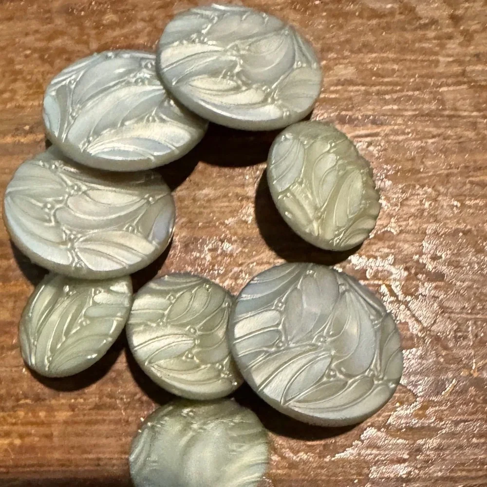 8 Vintage Iridescent Sage Green Art Nouveau Floral Leaf Shank Buttons Set
